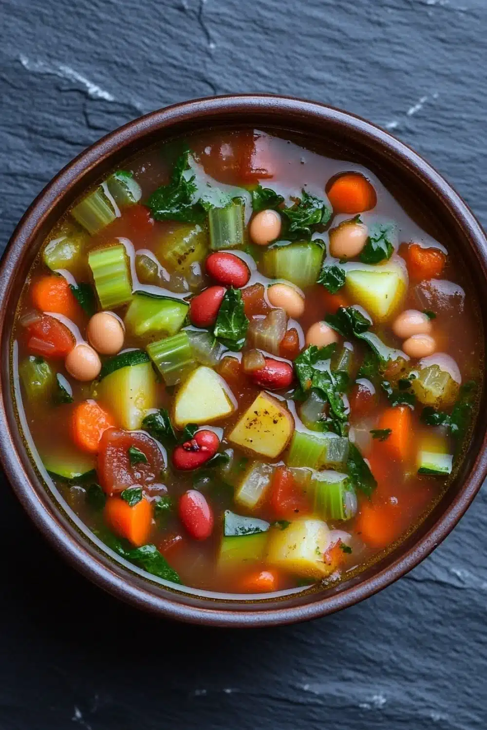 Slow cooker soup vegetarian - the image is a close-up of a bowl of soup. the soup appears to be a vegetable soup with chunks of white beans, carrots, celery, and other vegetables mixed in. the bowl is made of ceramic and is sitting on a dark grey textured surface. the vegetables are bright orange and appear to be fresh and vibrant. there are also some green leaves scattered throughout the soup, adding a pop of color to the dish.