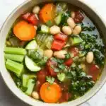 Slow cooker soup vegetarian - the image is a close-up of a bowl of soup on a white marble countertop. the soup appears to be a vegetable soup with chunks of white beans, carrots, celery, and other vegetables mixed in. the bowl is made of ceramic and has a light brown color. there are also a few sprigs of parsley scattered throughout the soup. the vegetables are bright orange and appear to be fresh and vibrant.