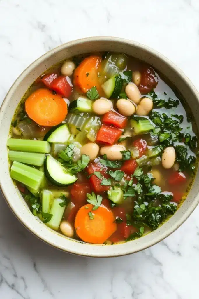 Slow cooker soup vegetarian - the image is a close-up of a bowl of soup on a white marble countertop. the soup appears to be a vegetable soup with chunks of white beans, carrots, celery, and other vegetables mixed in. the bowl is made of ceramic and has a light brown color. there are also a few sprigs of parsley scattered throughout the soup. the vegetables are bright orange and appear to be fresh and vibrant.