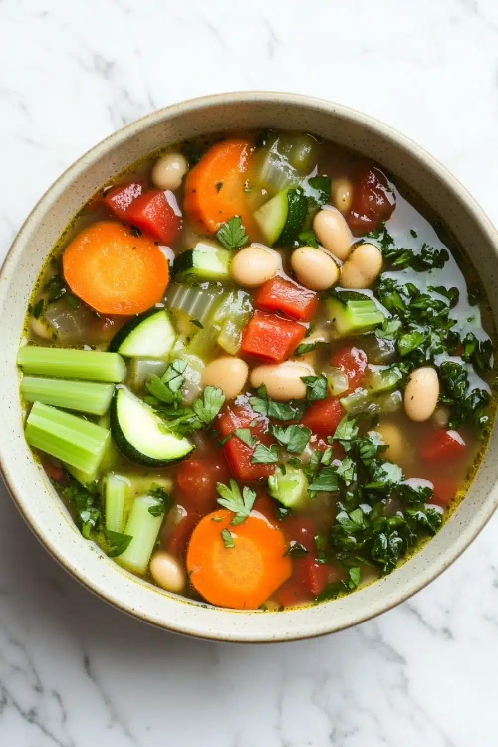 Slow cooker soup vegetarian - the image is a close-up of a bowl of soup on a white marble countertop. the soup appears to be a vegetable soup with chunks of white beans, carrots, celery, and other vegetables mixed in. the bowl is made of ceramic and has a light brown color. there are also a few sprigs of parsley scattered throughout the soup. the vegetables are bright orange and appear to be fresh and vibrant.
