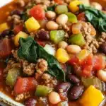 Slow cooker texas beef chili lean and green - the image is a close-up of a bowl of chili. the chili is a rich orange color and appears to be made with ground beef, beans, and vegetables. the beans are black and white, and the vegetables are a mix of red, yellow, and green bell peppers. there are also some white beans scattered throughout the dish. the dish is garnished with fresh spinach leaves. the bowl is white and has a gold rim. the background is dark, making the chili stand out.