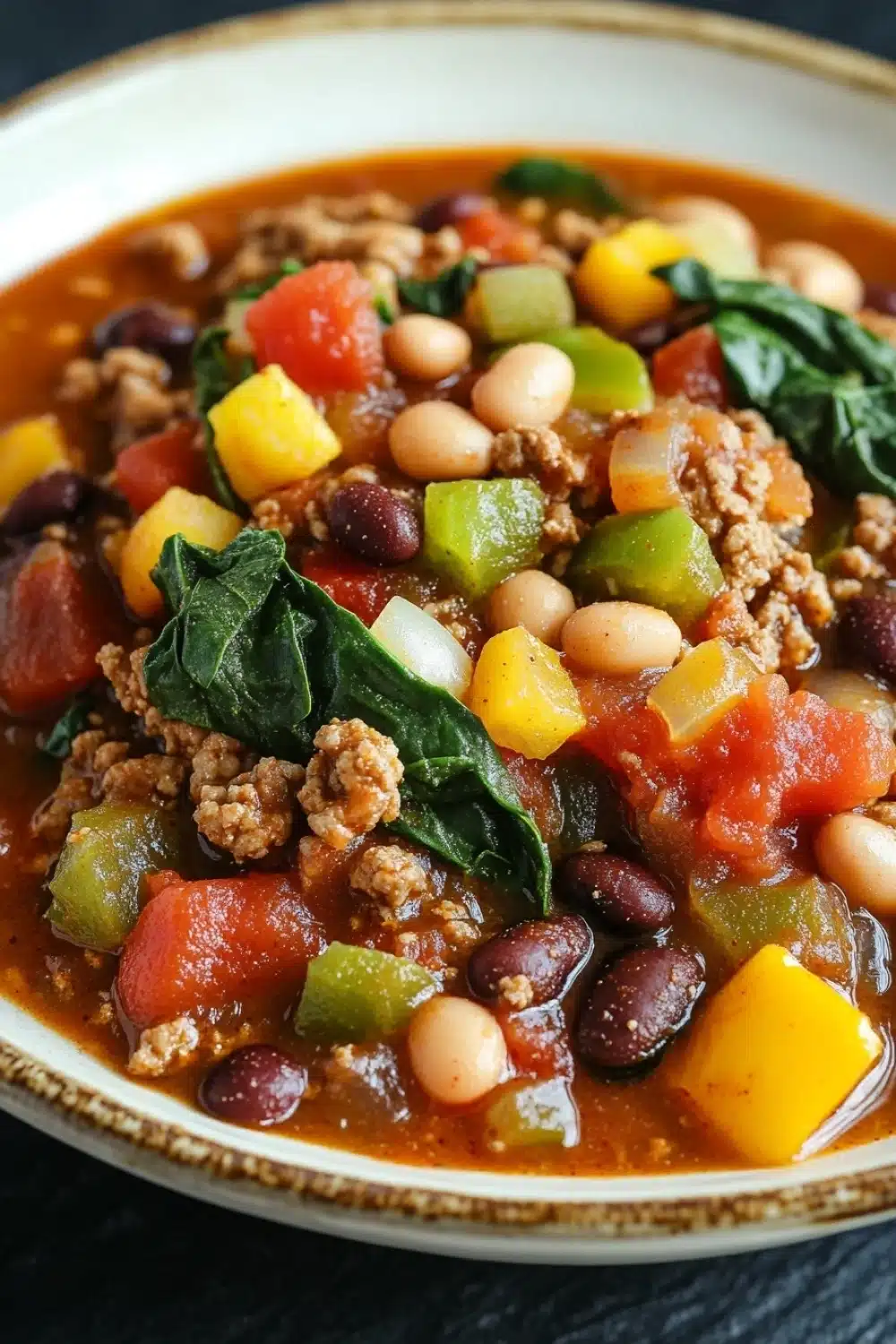 Slow cooker texas beef chili lean and green - the image is a close-up of a bowl of chili. the chili is a rich orange color and appears to be made with ground beef, beans, and vegetables. the beans are black and white, and the vegetables are a mix of red, yellow, and green bell peppers. there are also some white beans scattered throughout the dish. the dish is garnished with fresh spinach leaves. the bowl is white and has a gold rim. the background is dark, making the chili stand out.