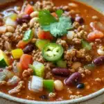 Slow cooker texas beef chili lean and green - the image is a close-up of a bowl of chili. the chili is a rich orange color and appears to be made with ground beef, beans, and vegetables. there are also chunks of green jalapeno pepper scattered throughout the dish. the bowl is made of ceramic and is sitting on a wooden table. the background is blurred, so the focus is on the chili.