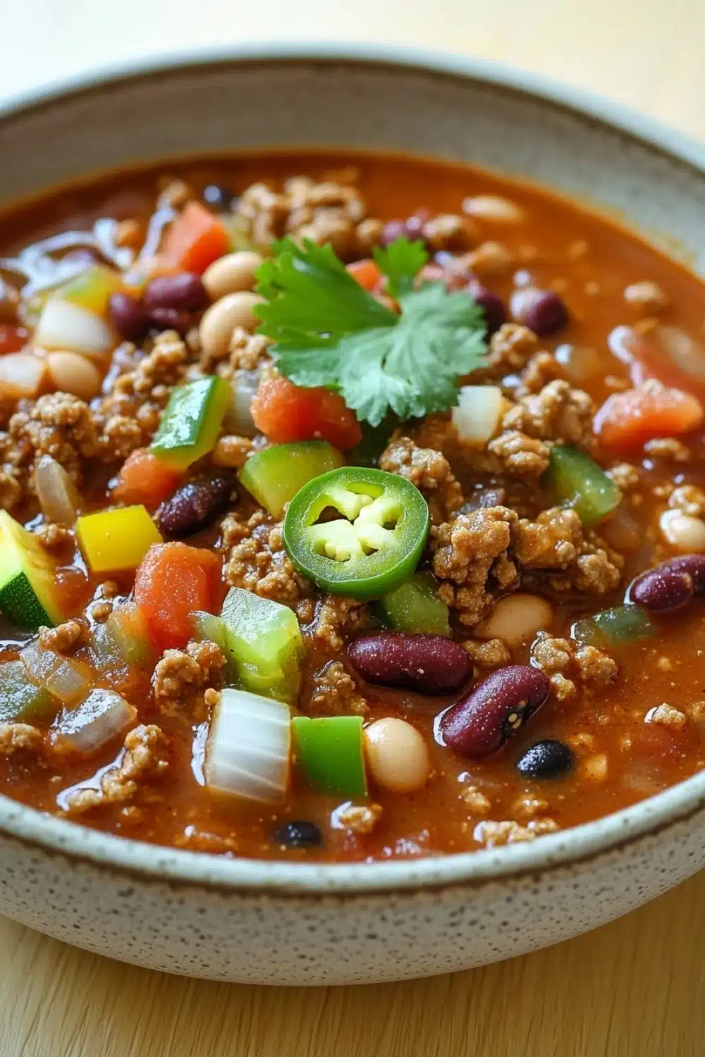 Slow cooker texas beef chili lean and green - the image is a close-up of a bowl of chili. the chili is a rich orange color and appears to be made with ground beef, beans, and vegetables. there are also chunks of green jalapeno pepper scattered throughout the dish. the bowl is made of ceramic and is sitting on a wooden table. the background is blurred, so the focus is on the chili.