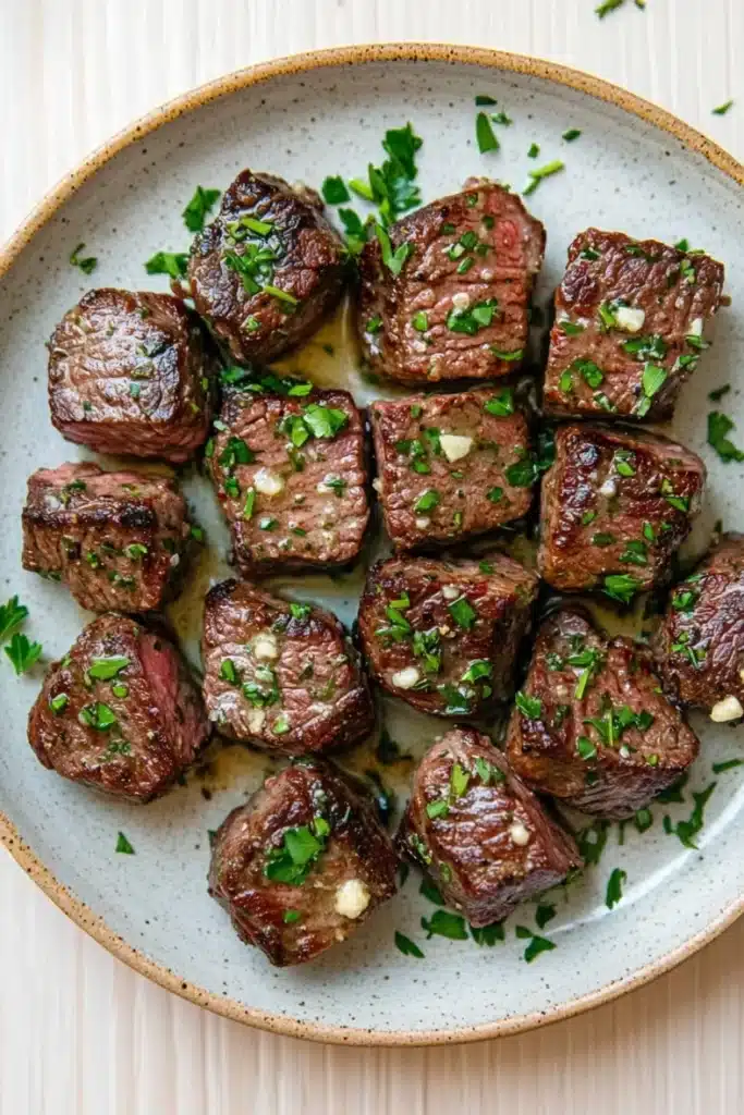 Steak bites with garlic butter crockpot - the image shows a plate of cooked steak cubes. the steak cubes are arranged in a circular pattern on a light blue plate with a white rim. they are covered in a dark brown sauce and garnished with chopped parsley. the dish appears to be seasoned with herbs and spices, giving it a savory flavor. the plate is sitting on a wooden table with a light beige background.