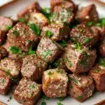 Steak bites with garlic butter crockpot - the image shows a plate of cooked meat cubes. the cubes are dark brown in color and appear to be seasoned with herbs and spices. they are arranged in a circular pattern on the plate, with some overlapping each other. the plate is white and has a textured surface. the background is blurred, but it appears to be a kitchen countertop.