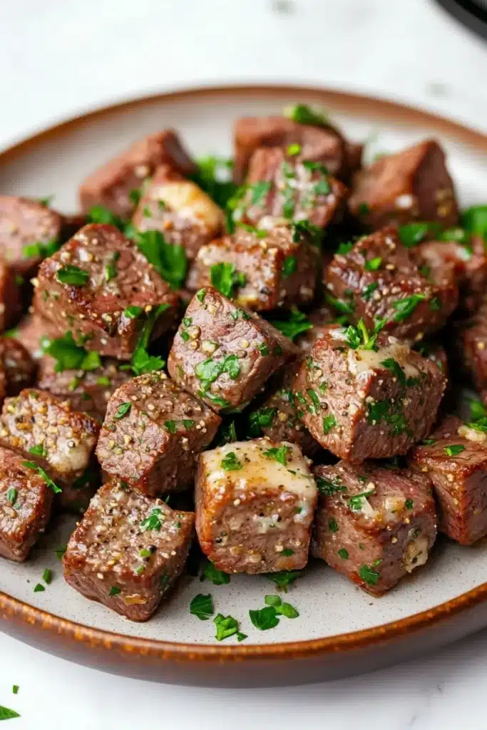 Steak bites with garlic butter crockpot - the image shows a plate of cooked meat cubes. the cubes are dark brown in color and appear to be seasoned with herbs and spices. they are arranged in a circular pattern on the plate, with some overlapping each other. the plate is white and has a textured surface. the background is blurred, but it appears to be a kitchen countertop.