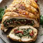 Stuffed chicken breast no cheese - the image shows a plate with a sliced chicken breast on it. the chicken breast is golden brown and appears to be seasoned with herbs and spices. it is cut in half, revealing the filling inside. the filling is made up of spinach, sun-dried tomatoes, and other vegetables. the plate is garnished with fresh basil leaves. the background is a white marble countertop.