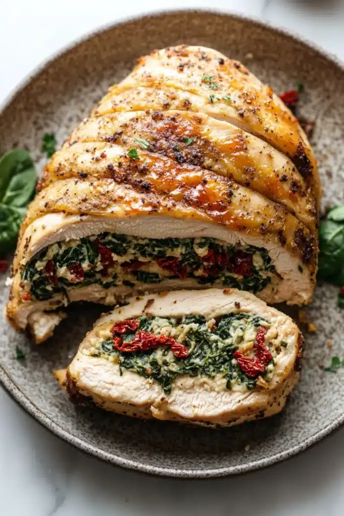Stuffed chicken breast no cheese - the image shows a plate with a sliced chicken breast on it. the chicken breast is golden brown and appears to be seasoned with herbs and spices. it is cut in half, revealing the filling inside. the filling is made up of spinach, sun-dried tomatoes, and other vegetables. the plate is garnished with fresh basil leaves. the background is a white marble countertop.