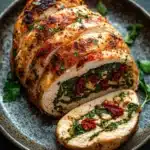 Stuffed chicken breast no cheese - the image shows a plate with a sliced chicken breast on it. the chicken breast is golden brown and appears to be seasoned with herbs and spices. it is cut in half, revealing the filling inside. the filling is made up of spinach, sun-dried tomatoes, and other vegetables. the plate is garnished with fresh parsley leaves. the background is a dark grey countertop.