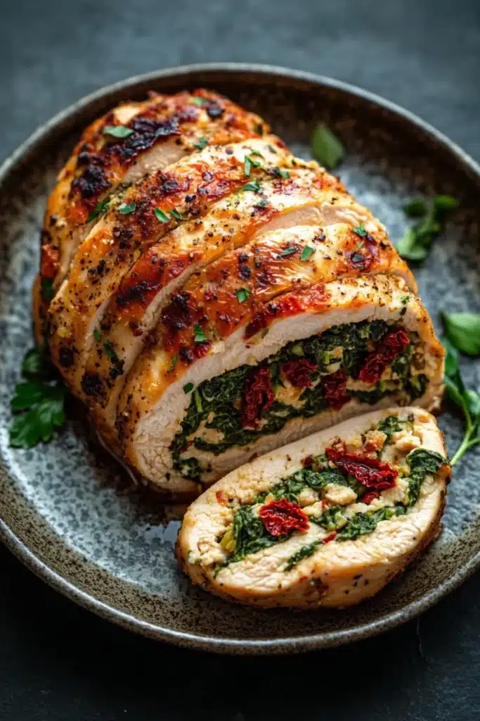 Stuffed chicken breast no cheese - the image shows a plate with a sliced chicken breast on it. the chicken breast is golden brown and appears to be seasoned with herbs and spices. it is cut in half, revealing the filling inside. the filling is made up of spinach, sun-dried tomatoes, and other vegetables. the plate is garnished with fresh parsley leaves. the background is a dark grey countertop.