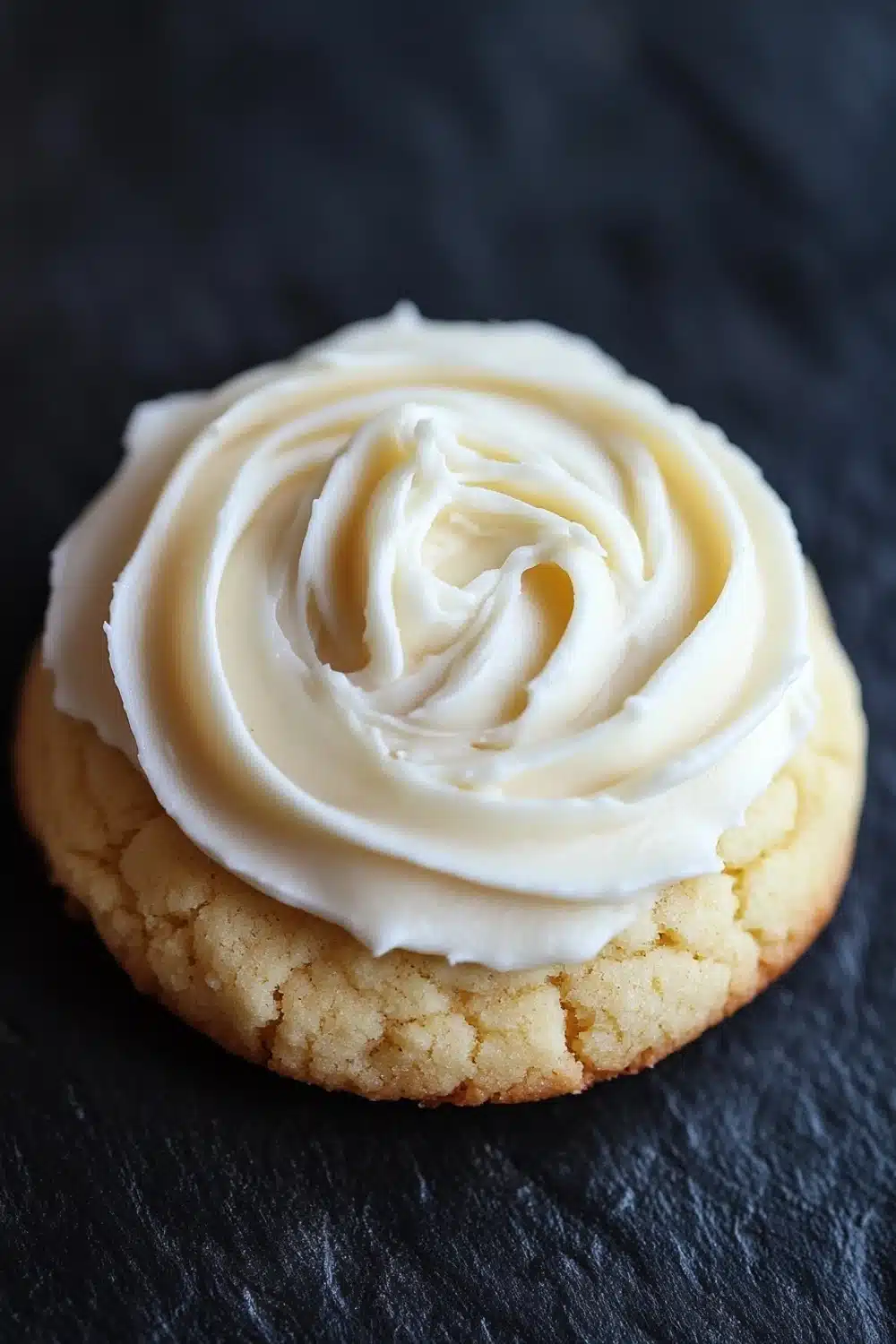 Sugar cookie and frosting - the image is a close-up of a round cookie with a swirl of white frosting on top. the frosting appears to be smooth and creamy, with a smooth texture. the cookie is placed on a black slate surface, and the background is blurred, making the cookie the focal point of the image.