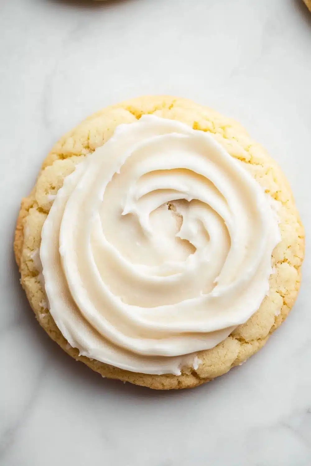 Sugar cookie and frosting - the image shows a round cookie with a swirl of white frosting on top. the cookie appears to be freshly baked and is placed on a white marble surface. the frosting is in the shape of a spiral and is spread evenly across the cookie. the background is blurred, but it seems to be a kitchen countertop.