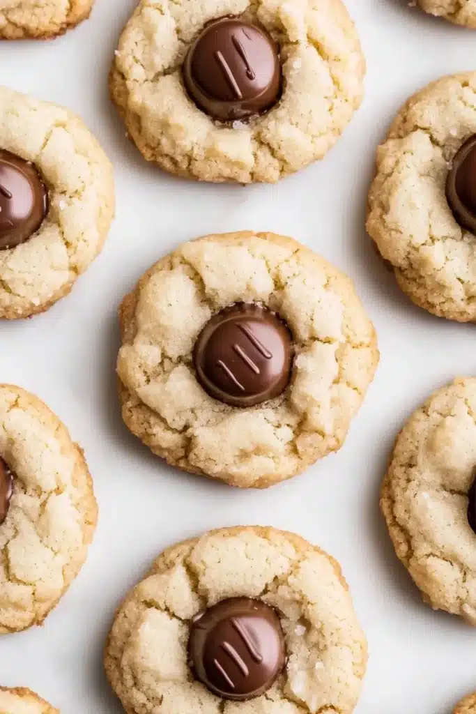 Sugar cookie kisses - the image shows a group of freshly baked cookies on a white surface. the cookies are round and golden brown in color, with a crumbly texture. they are arranged in a scattered manner, with some overlapping each other. some of the cookies have a bite taken out of one of them, revealing the chocolate filling inside. the chocolate filling is a dark brown color and appears to be in the shape of a letter "m". the cookies appear to be soft and chewy, and the texture is slightly uneven.