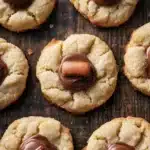 Sugar cookie kisses - the image shows a group of freshly baked cookies on a wooden surface. the cookies are round and golden brown in color, with a crumbly texture. they are arranged in a scattered manner, with some overlapping each other. some of the cookies have a bite taken out of one of them, revealing a layer of melted chocolate on top. the chocolate is a dark brown color and appears to be drizzled over the top of each cookie. the background is blurred, but it seems to be a rustic wooden table.