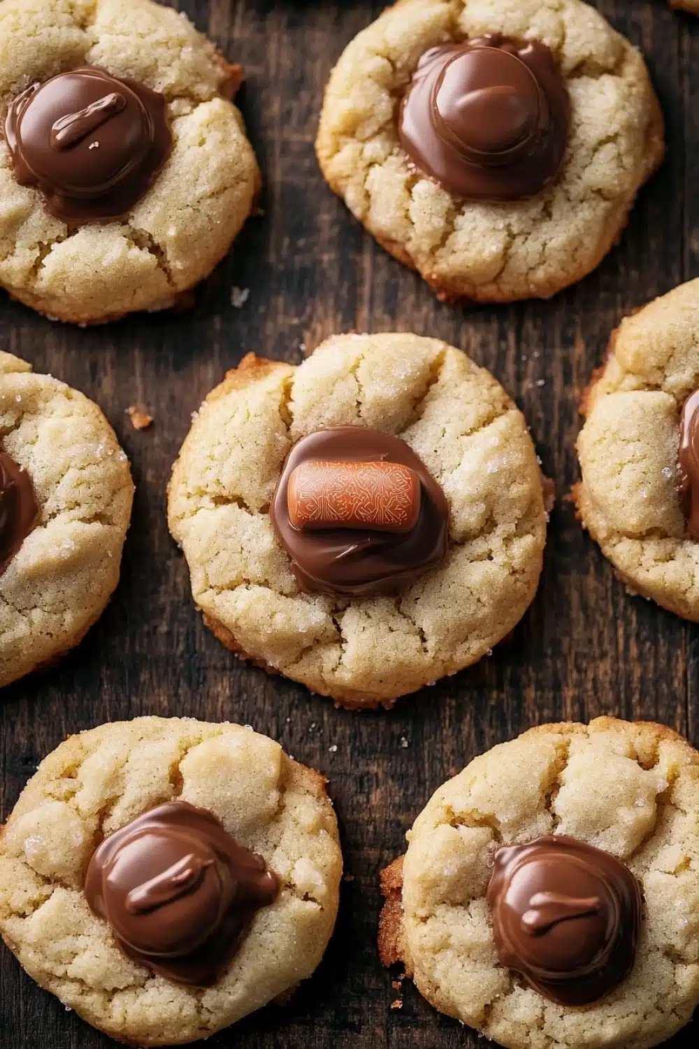 Sugar cookie kisses - the image shows a group of freshly baked cookies on a wooden surface. the cookies are round and golden brown in color, with a crumbly texture. they are arranged in a scattered manner, with some overlapping each other. some of the cookies have a bite taken out of one of them, revealing a layer of melted chocolate on top. the chocolate is a dark brown color and appears to be drizzled over the top of each cookie. the background is blurred, but it seems to be a rustic wooden table.