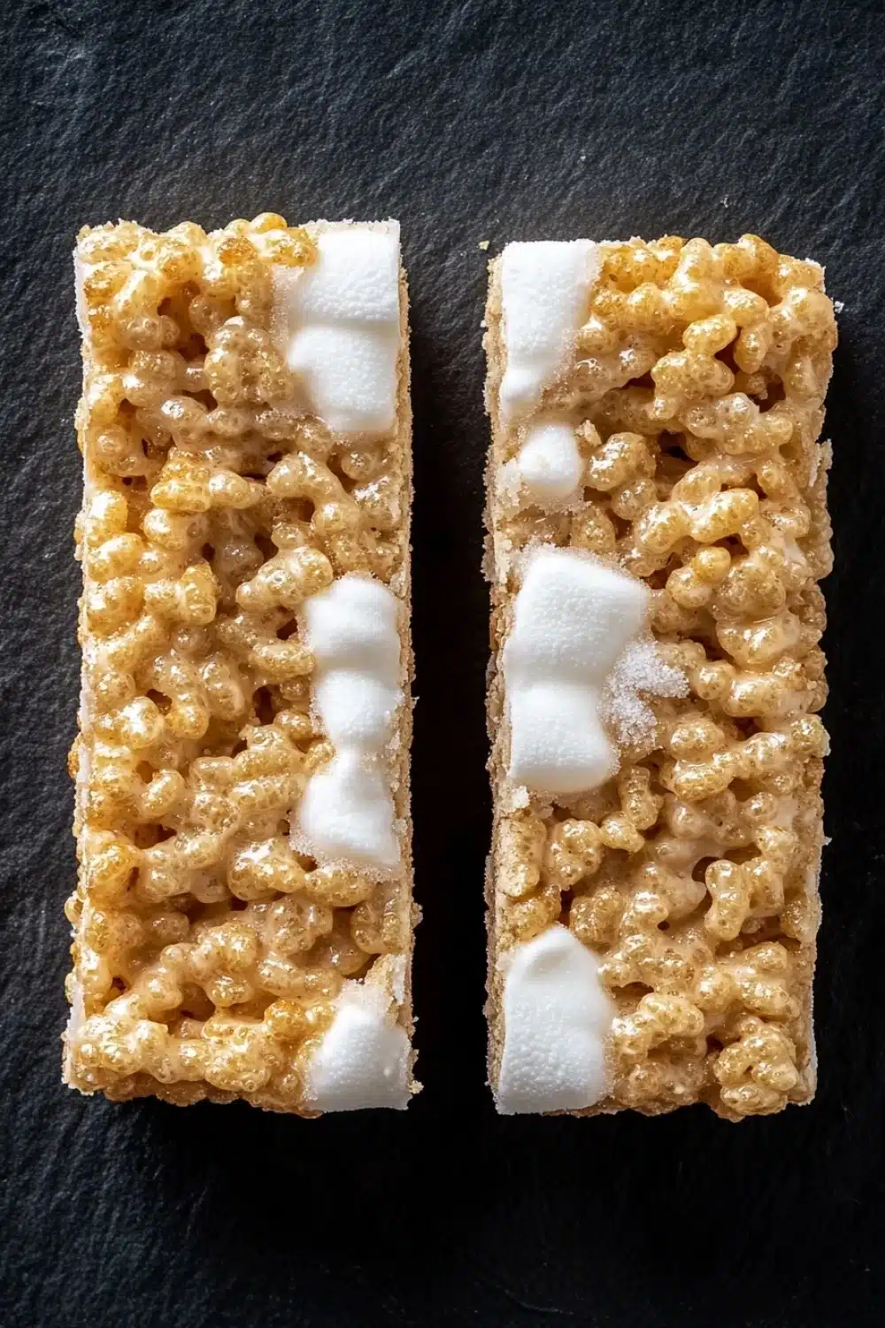 Sugar cookie rice crispy - the image shows two rectangular bars of rice krispy treats on a black slate background. the bars are golden brown in color and have a crumbly texture. they are topped with a generous amount of white sugar, which is drizzled over the top of each bar. the sugar appears to be sugar-free and has a smooth texture. the background is a solid black color, making the bars stand out.