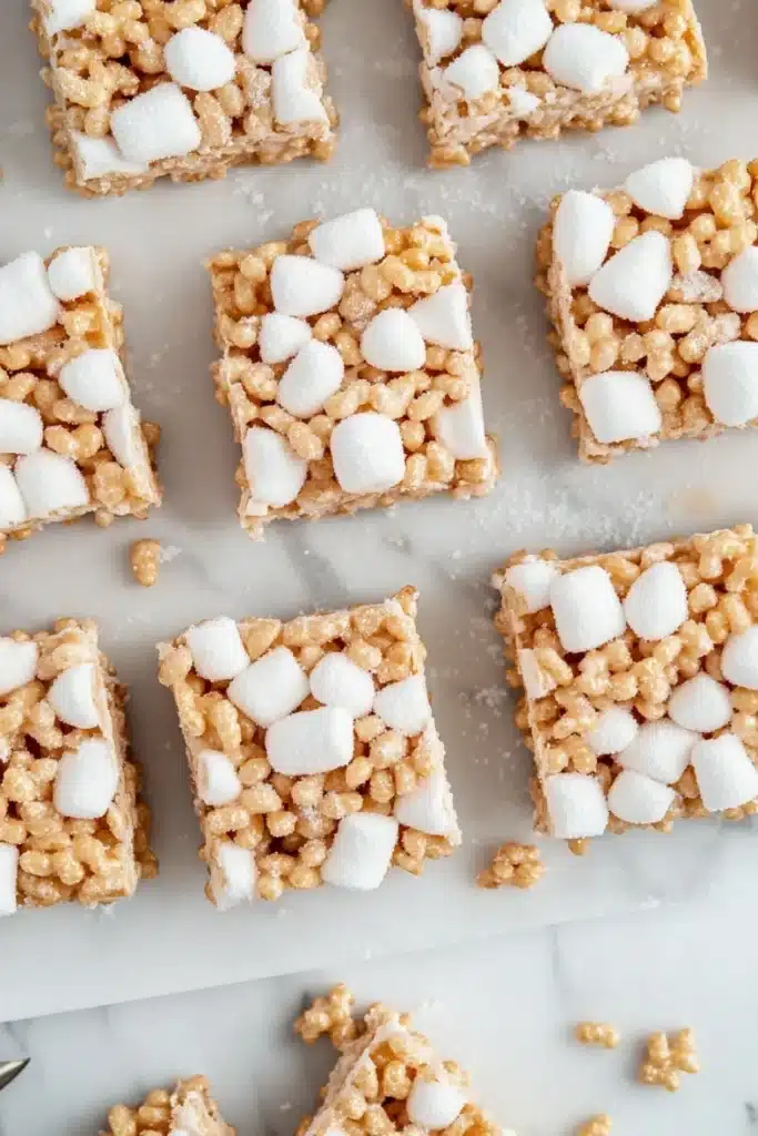 Sugar cookie rice crispy - the image shows a group of square-shaped rice krispy treats arranged on a white marble surface. the treats are made with oats, nuts, and marshmallows, and are arranged in a scattered manner. some of the treats have a golden-brown color, while others have a light brown color. there are also a few scattered nuts around the treats, adding texture and crunchy texture. the background is blurred, but it appears to be a kitchen countertop.