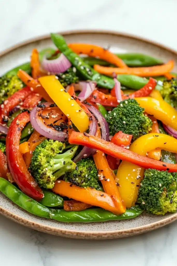 Thai vegetable air fryer - the image is a close-up of a plate of stir-fry dish. the dish is made up of various vegetables, including broccoli, red bell peppers, and green beans. the vegetables are arranged in a colorful and appetizing manner, with some overlapping each other. the colors of the vegetables are vibrant and the dish appears to be fresh and healthy. the plate is made of a light-colored ceramic or porcelain material and is sitting on a white marble countertop.