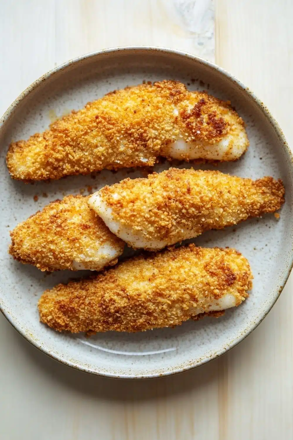 Tilapia in air fryer - the image shows a plate of four pieces of breaded fish fillets. the fillets are golden brown and appear to be crispy on the outside. they are arranged in a circular pattern on the plate, with the largest piece in the center and two smaller pieces on either side. the plate is light blue in color and has a textured surface. the background is a white wooden table.