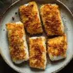 Tilapia in air fryer - the image shows a plate of four pieces of fish fillets on a wooden table. the fillets are golden brown and appear to be seasoned with herbs and spices. the plate is round and has a light blue rim. there are a few sprigs of rosemary on the side of the plate, adding a pop of green color to the dish. the background is blurred, but it appears to be a rustic wooden surface.