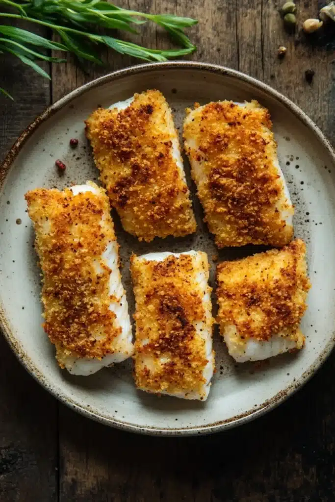 Tilapia in air fryer - the image shows a plate of four pieces of fish fillets on a wooden table. the fillets are golden brown and appear to be seasoned with herbs and spices. the plate is round and has a light blue rim. there are a few sprigs of rosemary on the side of the plate, adding a pop of green color to the dish. the background is blurred, but it appears to be a rustic wooden surface.