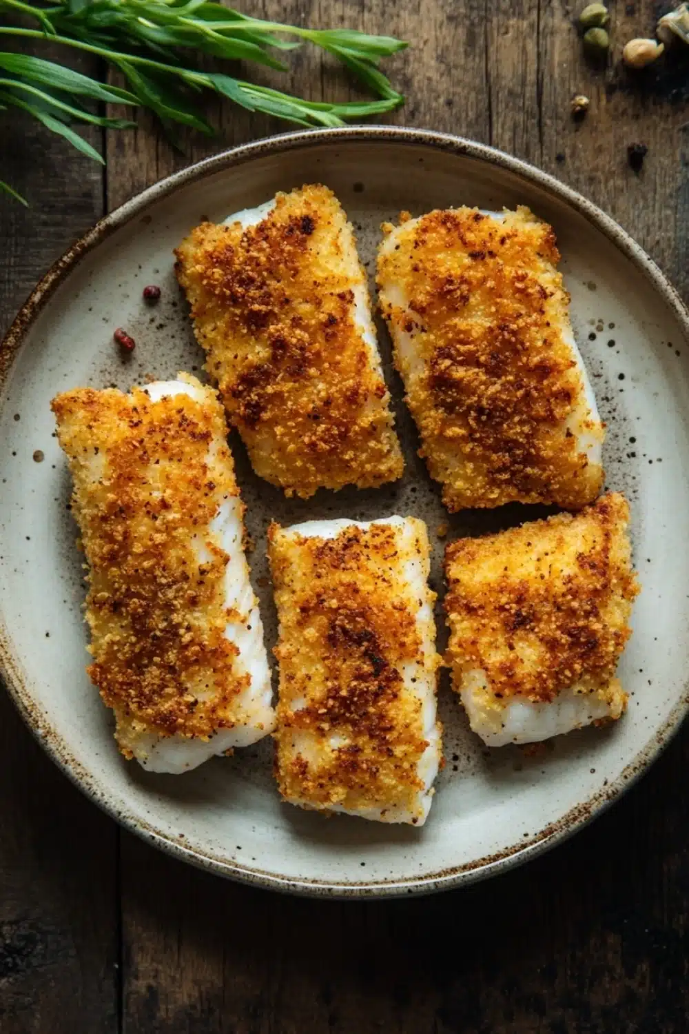 Tilapia in air fryer - the image shows a plate of four pieces of fish fillets on a wooden table. the fillets are golden brown and appear to be seasoned with herbs and spices. the plate is round and has a light blue rim. there are a few sprigs of rosemary on the side of the plate, adding a pop of green color to the dish. the background is blurred, but it appears to be a rustic wooden surface.