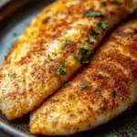 Tilapia loin air fryer - the image shows two pieces of fish fillets on a black plate. the fillets are golden brown and appear to be seasoned with herbs and spices. the plate is sitting on a wooden table with a blurred background. the fish fillet on the left is slightly larger than the one on the right and is slightly smaller in size. the herbs are scattered on top of the fillets, adding a pop of green color to the dish.