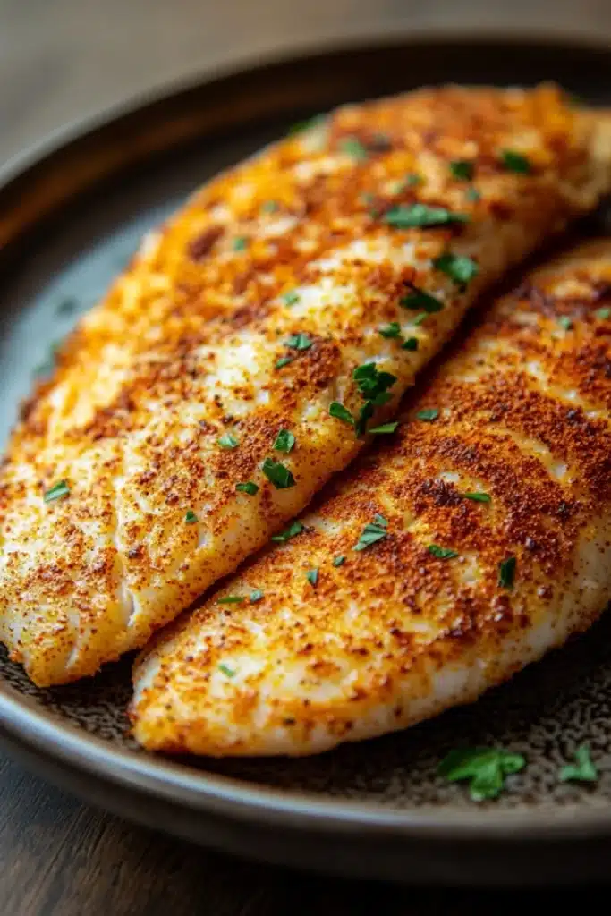 Tilapia loin air fryer - the image shows two pieces of fish fillets on a black plate. the fillets are golden brown and appear to be seasoned with herbs and spices. the plate is sitting on a wooden table with a blurred background. the fish fillet on the left is slightly larger than the one on the right and is slightly smaller in size. the herbs are scattered on top of the fillets, adding a pop of green color to the dish.