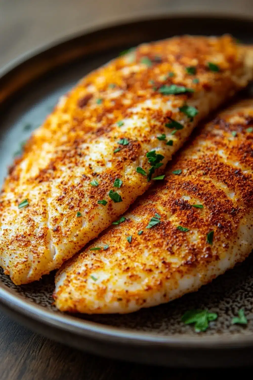 Tilapia loin air fryer - the image shows two pieces of fish fillets on a black plate. the fillets are golden brown and appear to be seasoned with herbs and spices. the plate is sitting on a wooden table with a blurred background. the fish fillet on the left is slightly larger than the one on the right and is slightly smaller in size. the herbs are scattered on top of the fillets, adding a pop of green color to the dish.