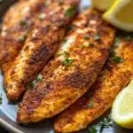 Tilapia loin air fryer - the image shows three pieces of fish fillets on a gray plate. the fillets are golden brown and appear to be seasoned with herbs and spices. there are two lemon wedges on the plate, one on each side of the fillets. the plate is garnished with a sprig of parsley. the background is blurred, but it appears to be a kitchen countertop.