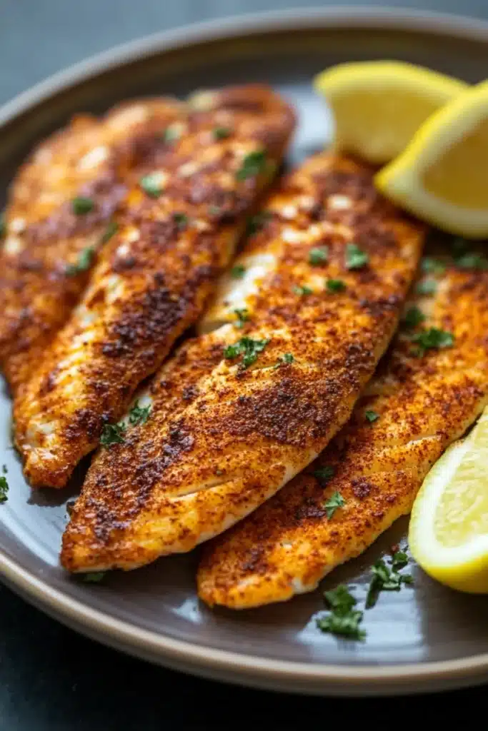 Tilapia loin air fryer - the image shows three pieces of fish fillets on a gray plate. the fillets are golden brown and appear to be seasoned with herbs and spices. there are two lemon wedges on the plate, one on each side of the fillets. the plate is garnished with a sprig of parsley. the background is blurred, but it appears to be a kitchen countertop.