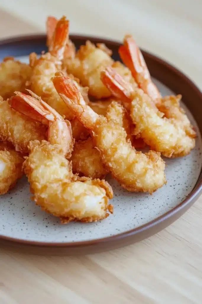 Trader joes shrimp tempura air fryer - the image shows a plate of fried shrimp on a wooden table. the shrimp are golden brown and appear to be crispy on the outside. they are arranged in a circular pattern on the plate, with some overlapping each other. the plate is brown with a speckled pattern around the edges. the background is blurred, but it appears to be a kitchen countertop.