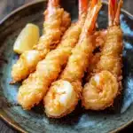 Trader joes shrimp tempura air fryer - the image shows a plate of fried shrimp on a dark blue plate. the shrimp are golden brown and appear to be crispy on the outside. they are arranged in a circular pattern on the plate, with some of them overlapping each other. there is a small wedge of lemon on the side of the plate and a small amount of sauce on the right side. the plate is sitting on a wooden table.