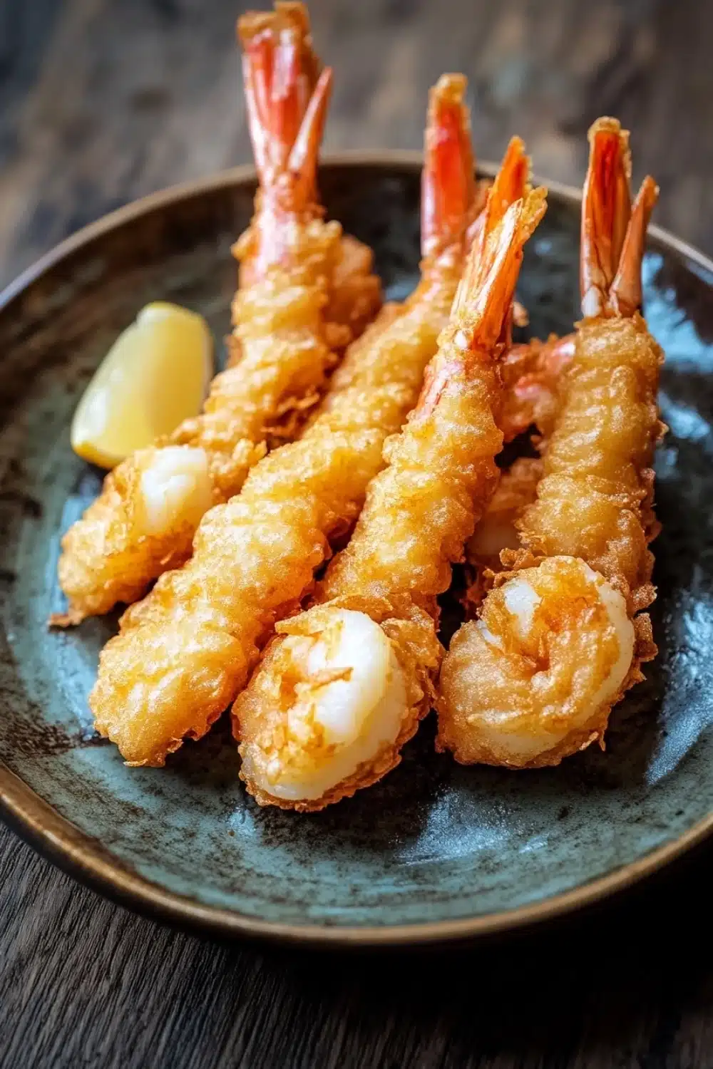 Trader joes shrimp tempura air fryer - the image shows a plate of fried shrimp on a dark blue plate. the shrimp are golden brown and appear to be crispy on the outside. they are arranged in a circular pattern on the plate, with some of them overlapping each other. there is a small wedge of lemon on the side of the plate and a small amount of sauce on the right side. the plate is sitting on a wooden table.