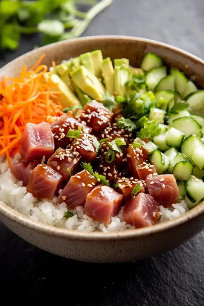 Tuna poke bowl cooked - the image is a close-up of a bowl of food. the bowl is made of ceramic and has a dark brown color. inside the bowl, there is a bed of white rice. on top of the rice, there are several pieces of sliced tuna, sliced avocado, and sliced cucumber. the tuna is covered in sesame seeds and is garnished with chopped cilantro. on the side of the bowl is a pile of shredded carrots. the background is blurred, but it appears to be a black countertop.