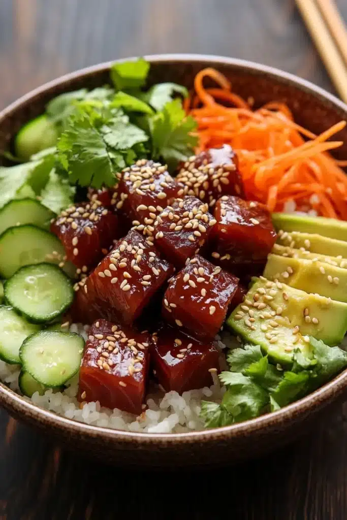 Tuna poke bowl cooked - the image is a close-up of a bowl of food. the bowl is made of dark brown ceramic and is placed on a wooden table. the food in the bowl appears to be a stir-fry dish with rice, sliced cucumbers, carrots, and sliced avocado. the tofu is covered in sesame seeds and is arranged in a circular pattern on top of the rice. there are also some fresh cilantro leaves scattered throughout the dish. a pair of chopsticks is resting on the side of the bowl, ready to be used to enjoy the meal.