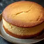 Vanilla cake no icing - the image is a close-up of a round cake on a silver plate. the cake appears to be freshly baked and has a golden brown crust on top. the edges of the cake are slightly curled, giving it a textured appearance. the plate is sitting on a dark, textured surface, possibly a table or countertop. the background is blurred, making the cake the focal point of the image.