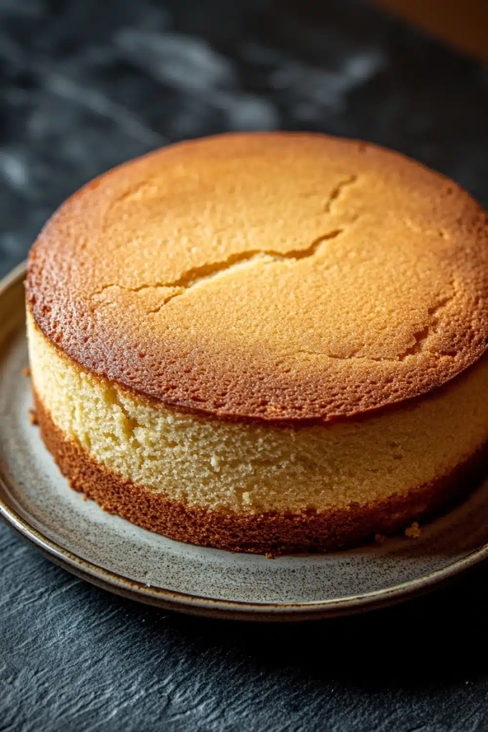 Vanilla cake no icing - the image is a close-up of a round cake on a silver plate. the cake appears to be freshly baked and has a golden brown crust on top. the edges of the cake are slightly curled, giving it a textured appearance. the plate is sitting on a dark, textured surface, possibly a table or countertop. the background is blurred, making the cake the focal point of the image.