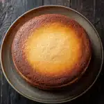 Vanilla cake no icing - the image is a close-up of a round cake on a dark wooden table. the cake appears to be freshly baked and has a golden brown crust on top. the top of the cake is covered in a light dusting of powdered sugar, giving it a shiny appearance. the plate it is sitting on is round and has an olive green rim. the background is blurred, making the cake the focal point of the image.