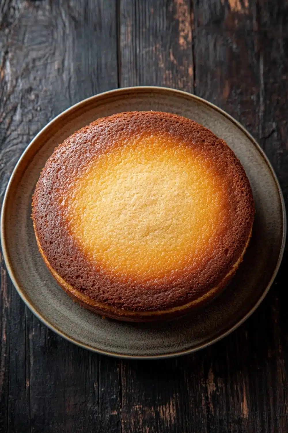 Vanilla cake no icing - the image is a close-up of a round cake on a dark wooden table. the cake appears to be freshly baked and has a golden brown crust on top. the top of the cake is covered in a light dusting of powdered sugar, giving it a shiny appearance. the plate it is sitting on is round and has an olive green rim. the background is blurred, making the cake the focal point of the image.