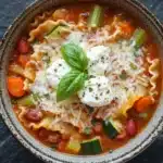 Vegetarian slow cooker lasagna soup - the image is a close-up of a bowl of soup. the soup appears to be a tomato-based dish with tortellini noodles, chunks of red beans, and various vegetables such as carrots, celery, and zucchini. on top of the soup, there is a dollop of sour cream and a sprig of fresh basil. the bowl is made of ceramic and is sitting on a dark grey textured surface.