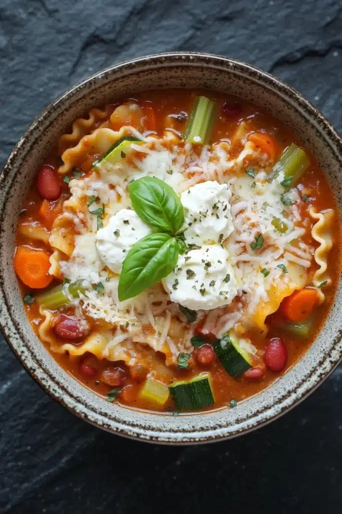 Vegetarian slow cooker lasagna soup - the image is a close-up of a bowl of soup. the soup appears to be a tomato-based dish with tortellini noodles, chunks of red beans, and various vegetables such as carrots, celery, and zucchini. on top of the soup, there is a dollop of sour cream and a sprig of fresh basil. the bowl is made of ceramic and is sitting on a dark grey textured surface.