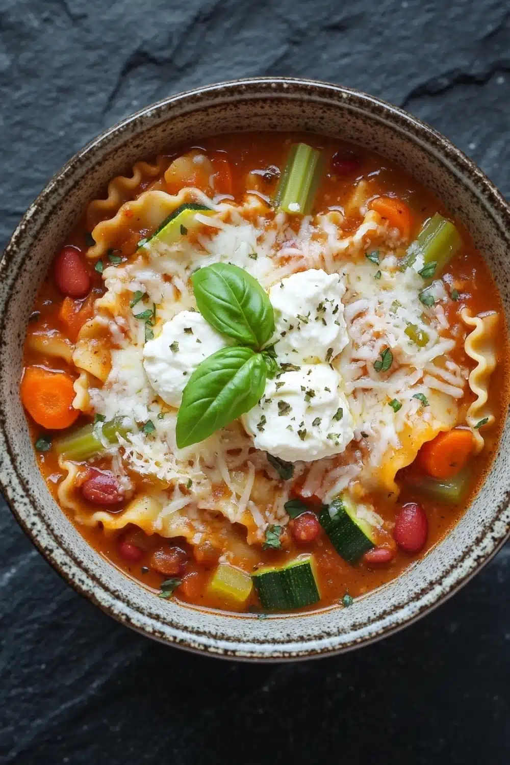 Vegetarian slow cooker lasagna soup - the image is a close-up of a bowl of soup. the soup appears to be a tomato-based dish with tortellini noodles, chunks of red beans, and various vegetables such as carrots, celery, and zucchini. on top of the soup, there is a dollop of sour cream and a sprig of fresh basil. the bowl is made of ceramic and is sitting on a dark grey textured surface.