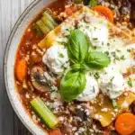 Vegetarian slow cooker lasagna soup - the image is a close-up of a bowl of soup. the soup appears to be a tomato-based dish with chunks of meat and vegetables mixed in. the dish is garnished with fresh basil leaves and a dollop of sour cream on top. the bowl is white with a blue rim and is sitting on a wooden table. the colors of the soup are vibrant and the texture looks fresh and appetizing.