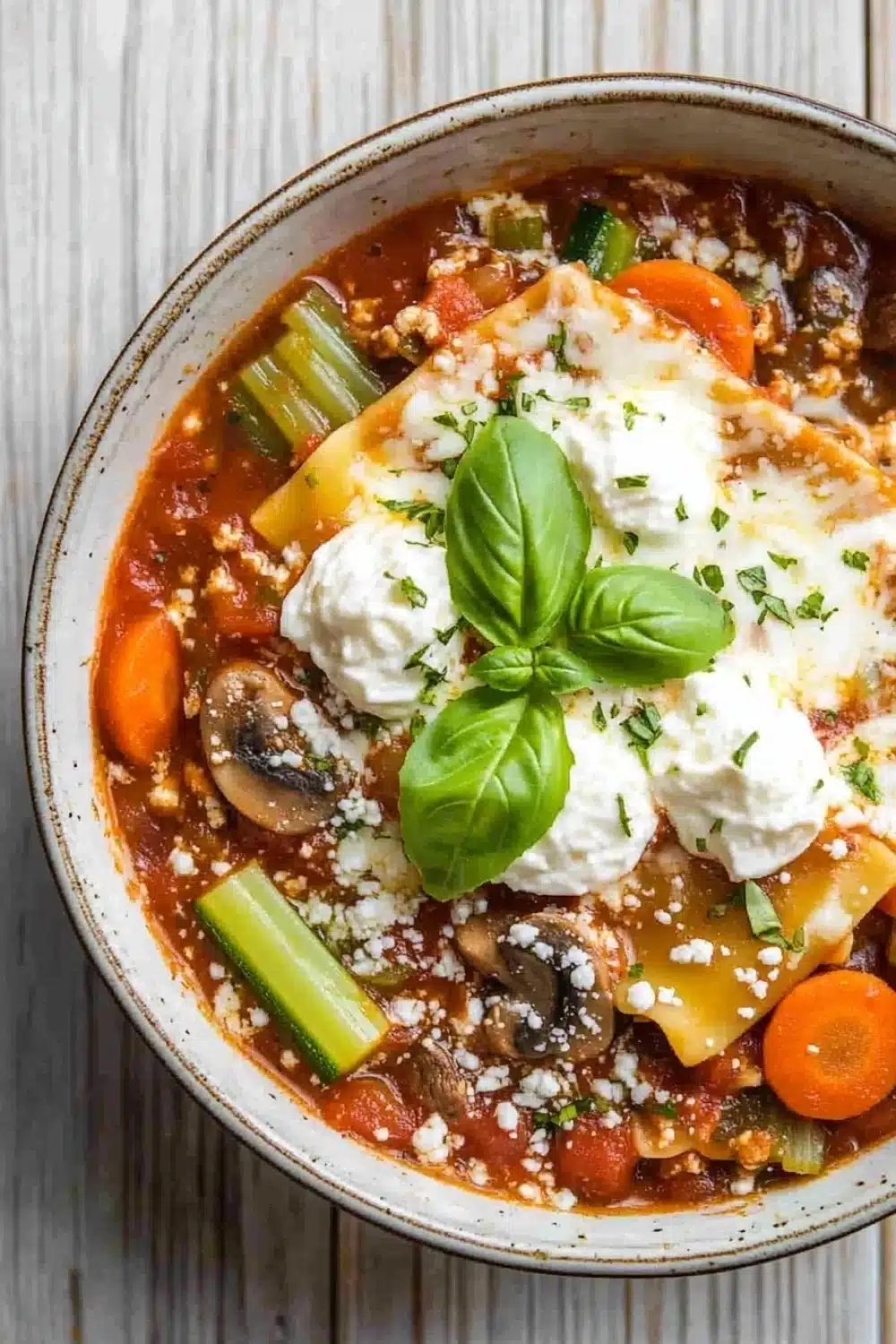 Vegetarian slow cooker lasagna soup - the image is a close-up of a bowl of soup. the soup appears to be a tomato-based dish with chunks of meat and vegetables mixed in. the dish is garnished with fresh basil leaves and a dollop of sour cream on top. the bowl is white with a blue rim and is sitting on a wooden table. the colors of the soup are vibrant and the texture looks fresh and appetizing.