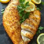Whole tilapia in the air fryer - the image shows a whole fish fillet on a black slate plate. the fillet is golden brown and appears to be seasoned with herbs and spices. it is garnished with fresh parsley and sliced lemons. the plate is surrounded by a few sprigs of parsley, adding a pop of green color to the dish. the background is dark, making the fish and lemons stand out.