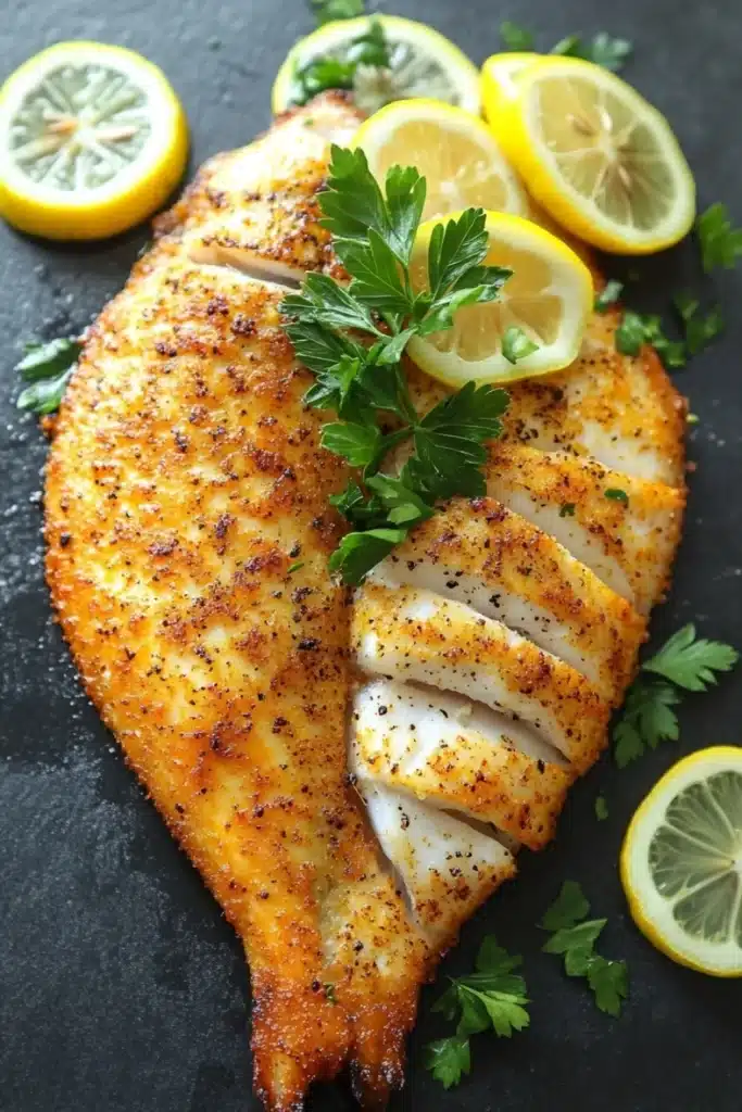 Whole tilapia in the air fryer - the image shows a whole fish fillet on a black slate plate. the fillet is golden brown and appears to be seasoned with herbs and spices. it is garnished with fresh parsley and sliced lemons. the plate is surrounded by a few sprigs of parsley, adding a pop of green color to the dish. the background is dark, making the fish and lemons stand out.