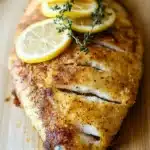 Whole tilapia in the air fryer - the image shows a piece of fish on a wooden cutting board. the fish appears to be a tilapia, with a golden-brown color and a crispy texture. it is garnished with sliced lemons and a sprig of thyme. the lemon slices are arranged on top of the fish, and the thyme is scattered around the edges. the background is blurred, but it seems like the fish is the main focus of the image.
