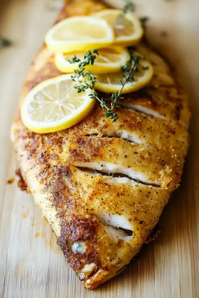 Whole tilapia in the air fryer - the image shows a piece of fish on a wooden cutting board. the fish appears to be a tilapia, with a golden-brown color and a crispy texture. it is garnished with sliced lemons and a sprig of thyme. the lemon slices are arranged on top of the fish, and the thyme is scattered around the edges. the background is blurred, but it seems like the fish is the main focus of the image.